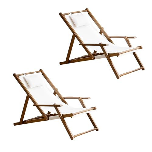 XL Union Patio Lounge Chairs Set of 2 Adjustable Outdoor Wooden Sling Chairs Foldable with Adjustable Height Easy to Carry for Patio and Indoor Use Brown Two
