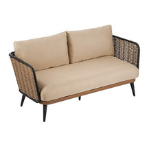 Christopher Knight Home Tobin Patio Loveseat, Outdoor 2-Seater Lounge Sofa, Woven Wicker Faux Rattan Accents, Iron Frame, Removable Water-Resistant Cushions, Porch/Backyard/Balcony, Beige+Black+Brown
