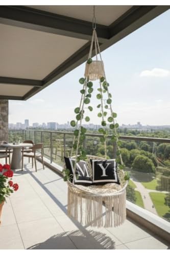 Handmade Macrame Swing Chair 59.1 in Height Ecru Cotton Rope, Indoor/Outdoor Use, Single Person Capacity, Modern Style with Steel Anchor for Garden and Balcony
