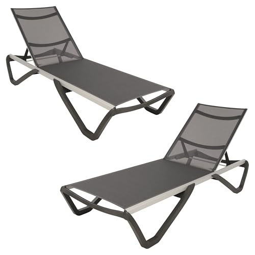 Furnish Theory Seabreeze Deck Patio Sunloungers Sun Loungers Lounge Chairs Outdoor Sling Chaise Lounges (Anthracite Frame & Anthracite Mesh; Set of 2)