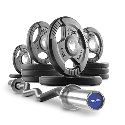 XMark Olympic Curl Bar with Weights 115 lb Set TRI-Grip Plates Rubber Coated XM-3377 EZ Curl Bar