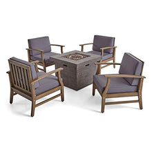 GDFStudio Outdoor 5 Piece Acacia Wood Club Chair and Fire Pit Set, Gray Finish & Gray