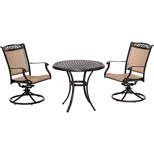 Hanover Fontana 3-Piece Bistro Set with Tan PVC Sling Swivel Rocker Chairs and 32" Round Cast-Top Table