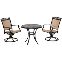 Hanover Fontana 3-Piece Bistro Set with Tan PVC Sling Swivel Rocker Chairs and 32" Round Cast-Top Table
