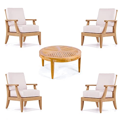 WholesaleTeak Lagos 5 Pc Lounge Chair Set: 4 Lounge Chairs & 39" Round Coffee Table with Sunbrella Cushions in Fabric #57003 Canvas White #12LG5