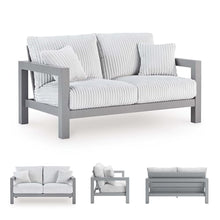 Signature Design by Ashley Moonlight View Contemporary Outdoor Nuvella Weather Resistant Fabric Loveseat with Cushion and 2 Throw Pillows, White & Light Gray