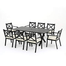 Christopher Knight Home Exuma 9-Pc Outdoor Cast Aluminum Dining Set with Expandable Table and Water Resistant Cushions Black/Ivory