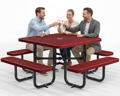 OUTTANS Commercial Metal Picnic Table (Red, 46in Square, Expanded Steel)
