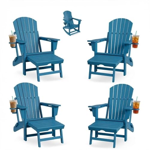 GAOMON 4-in-1 Folding Adirondack Chair Set of 4 HDPE, with Retractable Ottoman & Cup Holder, All-Weather Outdoor Patio Rocking Chairs for Lawn, Porch, Poolside, Navy Blue (4 Pack)