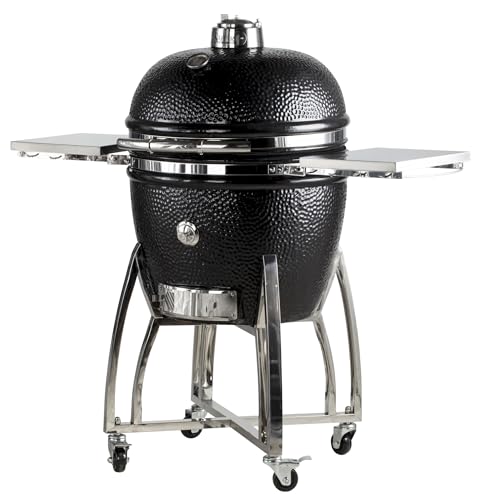 Saffire Platinum Kamado – Large Ceramic Grill and Smoker, 23" Charcoal Grill, 304 Stainless Steel Cart, Smokin’Chip Feeder, Secondary Cooking Grid, Heat Deflector – Sapphire Blue