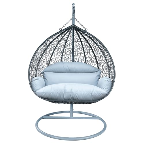 LeisureMod Hanging Egg Chair with Stand for Indoor Outdoor Wicker Patio Swing Chair Open Weave Basket Design with Cushion Metal Frame for Patio Garden Balcony (Grey Frame Light Grey Cushion)