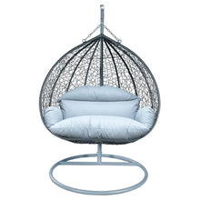 LeisureMod Hanging Egg Chair with Stand for Indoor Outdoor Wicker Patio Swing Chair Open Weave Basket Design with Cushion Metal Frame for Patio Garden Balcony (Grey Frame Light Grey Cushion)