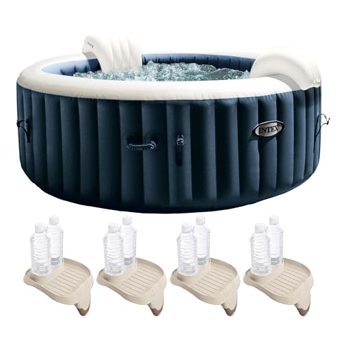 INTEX PureSpa Plus 4 Person Inflatable 77" Round Hot Tub Bubble Jet Spa with 140 AirJets and Attachable Cup Holder and Refreshment Tray, Tan (4 Pack)