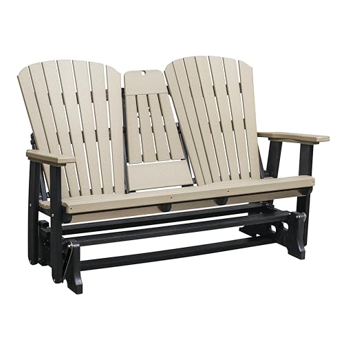 American Furniture Classics Model 524WWBK Two Seat Fan Back Glider with Drop Down Table/Cup Holder in Weatherwood with Black Base, Made in The USA