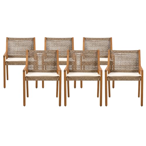 SRECELL Outdoor Patio Chairs Set of 6, Acacia Wood & Wicker Dining Chairs with Cushions, Teak Finish Outdoor Seating for Backyard, Patio, Garden Gatherings,6 Pack