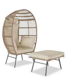 GarveeLife Oversize Wicker Egg Chair with Ottoman, Egg Basket Lounge Chair with Thick Cushion, Comfy Egg Rattan Seat for Indoor Outdoor Patio Porch Backyard, Beige