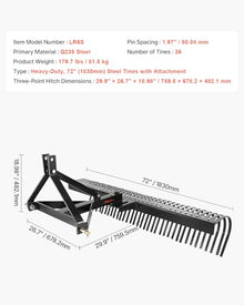 VEVOR Tow Behind Dethatcher, 72-inch 3-Point Tow Behind Lawn Dethatcher Rake with 36 Steel Tines for Tractor, Heavy Duty Landscape Rake with Attachments for Lawn, Garden, Farm, Grass, and Branches