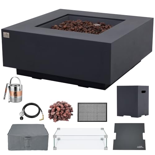 AMS 40" Square Concrete GFRC Propane Gas Fire Pit Table Bundle (Dark Gray)
