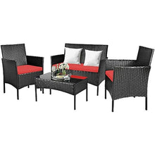 DUYHBAWRS 4PCS Patio Rattan Furniture Set Cushioned Sofa Coffee Table Backyard Porch Red