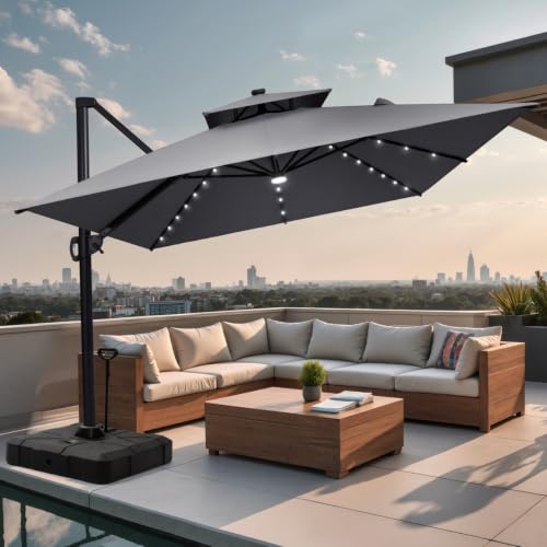 OROTLECT 128'' X 104'' Rectangular Outdoor Solar Led Cantilever Patio Umbrella with Easy-Move Base | One-Person Mobility