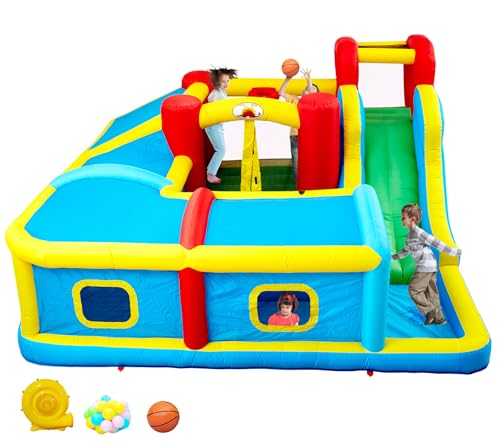 WELLFUNTIME Inflatable Bounce House with Slide, Wave Pool, Basketball Rim, Tunnel