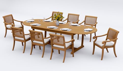 WholesaleTeakFurniture Grade-A Teak Wood 8 Seater 9 Pc Dining Set: 118" Double Extension Mas Oval Trestle Leg Table and 8 Arbor Stacking Arm Chairs #21AB2708