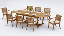 WholesaleTeakFurniture Grade-A Teak Wood 8 Seater 9 Pc Dining Set: 118" Double Extension Mas Oval Trestle Leg Table and 8 Arbor Stacking Arm Chairs #21AB2708
