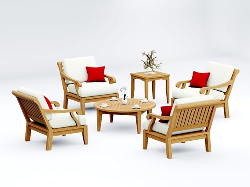 TeakStation 6 Pc Teak Wood Lounge Chair Set: 4 Lounge Chairs, Round Coffee Table & Side Table with Cushions in Outdoor Sunbrella Fabric #5404 Canvas Natural