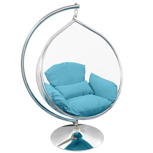SK CHUMRA Hanging Chair - Transparent Acrylic Bubble, Waterdrop Shape, Indoor Swing Chair with Gold/Chrome Stand, Durable Fabric Cushion - Luxury Accent for Living Room, Bedroom (Chrome/Blue)