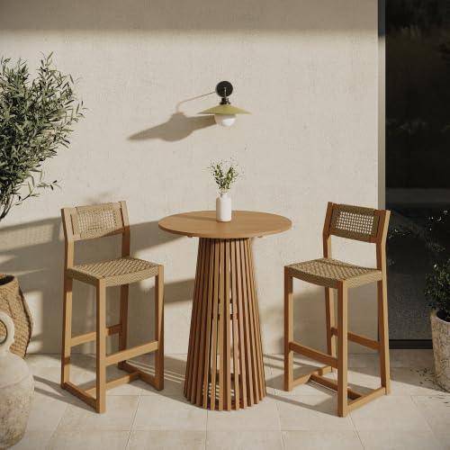 Modway Reed Teak Wood Patio 3-Piece Outdoor Bar Set in Natural - Round Bar-Height Table and 2 Bar Stools with Faux Rattan Seat and Back