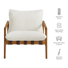 Modway Nomi Teak Wood Outdoor Sling Accent Chair in Natural White - Faux Leather Vegan Patio Armchair with Removable Cushioned Upholstery