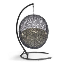 Modway Encase Modern Rattan/Fabric Outdoor Swing Chair with Stand in Black/Beige