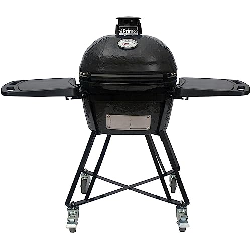 Primo Grills Primo All-in-One Oval Junior 200 Ceramic Kamado Grill with Cradle, Side Shelves and Stainless Steel Grates - PGCJRC (2021), Black
