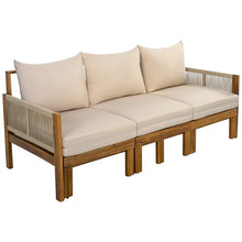 Merax Outdoor Daybed, Acacia Wood 3-Seat Patio Sofa Bed with Waterproof Cushions and Rope Woven Arms, Convertible Sleeper Couch with Pull-Out Function for Poolside, Backyard, Garden