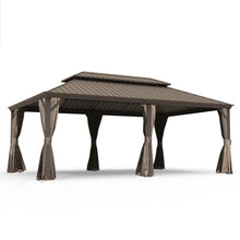 14x20 FT Grand Hardtop Pavilion, Commercial-Grade Metal Gazebo with Galvanized Steel Double Roof & Integrated Drainage, 280 sq ft Outdoor Canopy with Curtains & Mesh, Brown