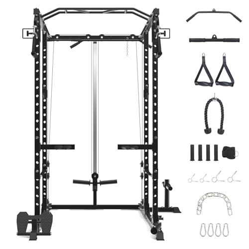 Flarhetoric Power Cage 2000 Lbs Squat Rack with Cable System & LAT Pull Down, Black