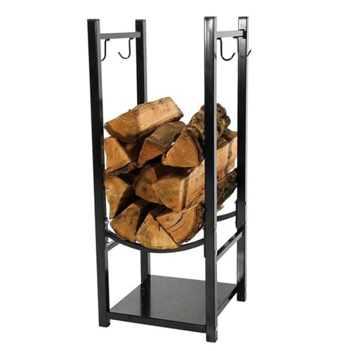 EliteBloom Heavy Duty Cast Iron Firewood Log Rack with 4 Hooks, Powder-Coated Steel Storage Stand for Yard, Deck, Or Family Room