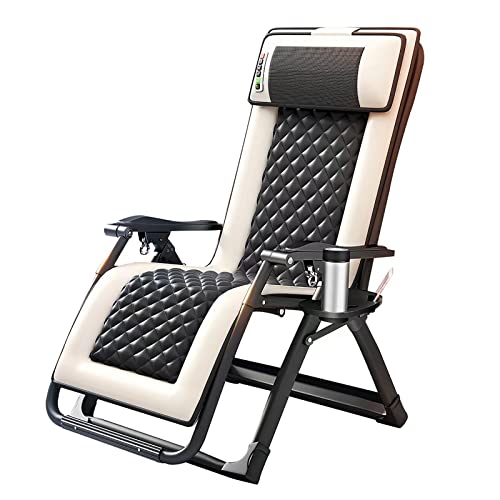 XZSBDXHH Oversized Zero Gravity Chair Folding with Massage Heating Function Back Adjustable Any Angle Lawn Recliner Reclining Patio Lounger Chair Portable Chaise with Holder (Beige)