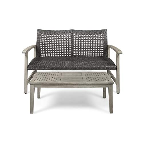 GDFStudio Outdoor Wood and Wicker Loveseat and Coffee Table Set, Mixed Black