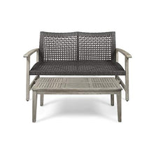 GDFStudio Outdoor Wood and Wicker Loveseat and Coffee Table Set, Mixed Black