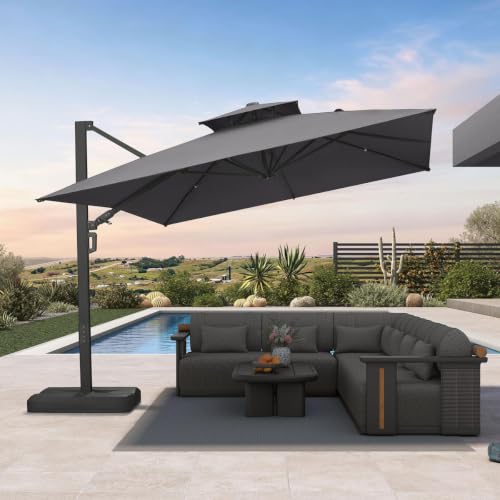 OROTLECT 120'' x 156'' Rectangular Large Cantilever Outdoor Aluminum Offset Beige Umbrella with Base and 360-degree Rotation