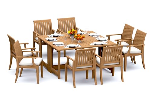 TeakStation 8 Seater Grade-A Teak Wood 9 Pc Dining Set: 60" Square Rectangle Butterfly Table and 8 Lagos Arm Chairs #31LG1408