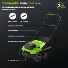 Greenworks 48V (24V x 2) 15” Cordless Lawn Scarifier & Dethatcher, Includes (2) 4.0Ah Batteries & 65W Charger, Adjustable Depth Lawn Groomer, Yard Thatch Grass Remover for Backyard, Garden Care