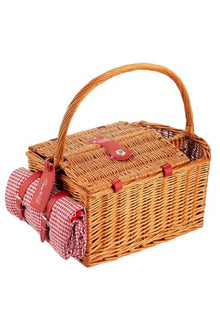 Handmade Wicker Picnic Basket Set for 2 People with Gingham Pattern, Wood, Insulated Compartment, Includes Cutlery, Plates, Glasses, and Water-Resistant Blanket - Brown