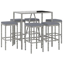 WXGTBKPR 7 Piece Patio Bar Set with Cushions, Outdoor PE Rattan Bar Table and 6 Stools, Weather-Resistant Garden Pub Set with Tempered Glass Top, Grey