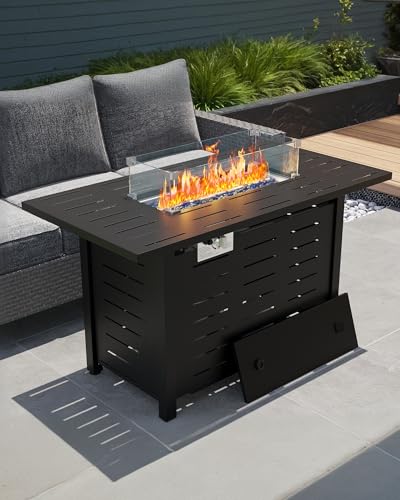 Hipicute 44" Outdoor Propane Fire Pit Table, 48,000 Btu Lp Gas Rectangular Fire Table with Ignition Systems and Lid,Outdoor Firetable with Glass Rocks for Patio Deck Garden Backyard