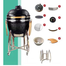 Ceramic Grill, Outdoor BBQ Smoker with Wooden Handle, Stainless Steel Grid Pan for Backyard Camping & Garden Party(B,21in)