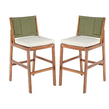 Christopher Knight Home Arly Outdoor Bar Stools Set of 2, Acacia Wood Frame Bar Stool with Cushion, Patio Outdoor Chairs Set, Island Stools with Woven Wicker Back for Balcony Garden, Green+Cream+Teak