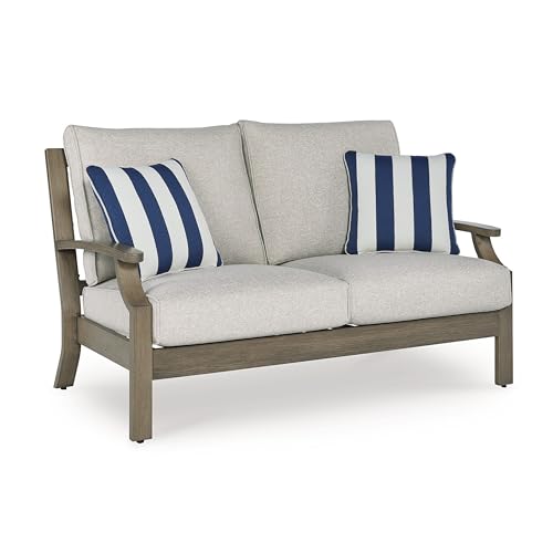 Benjara Inaya Outdoor Loveseat, 2 Throw Pillows, Cream White, 62 Inch Brown