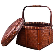 FENOKD Picnic Basket Bamboo Woven Retro Portable Basket Handmade Tea Set Storage Organizer Household Picnic Box for Snacks Desserts Cookies Outdoor Camping，